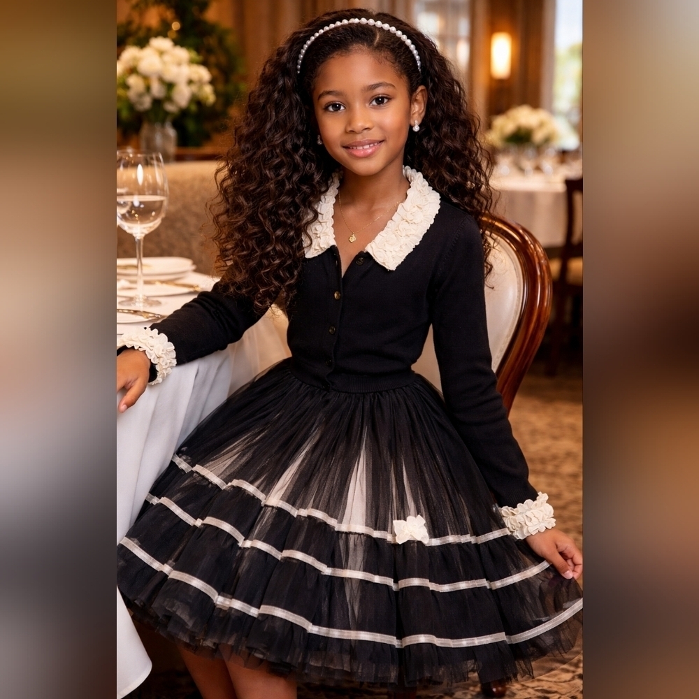 Elaine et Lena Black Tulle Party Holiday Dress Cardigan Set 12Y Coquette